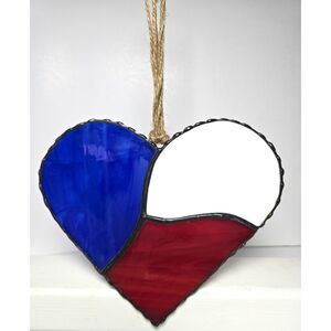 Stained Glass Heart Suncatcher Ornament Red White Blue 7" X 6" Handmade